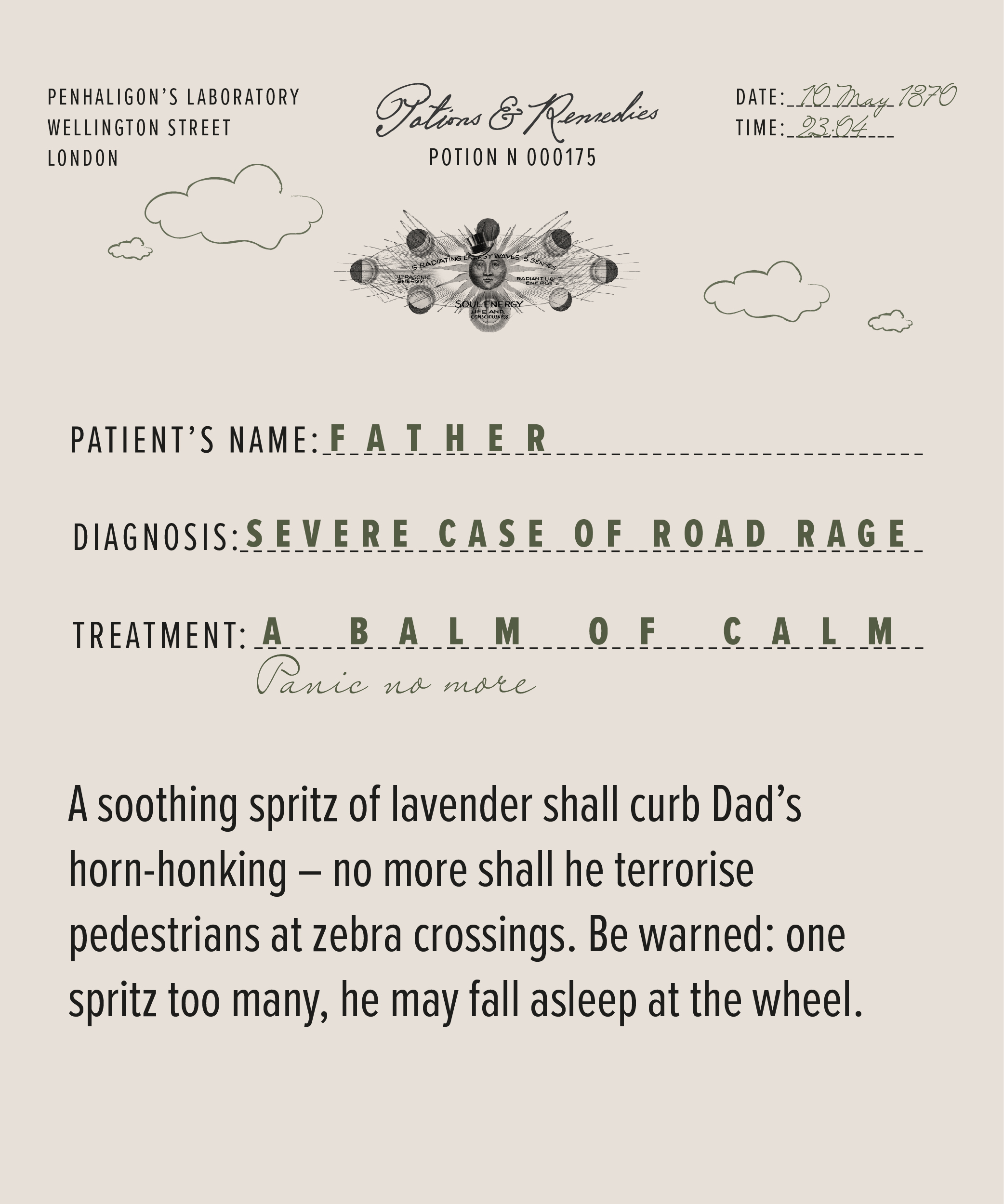 A soothing spritz of lavendar shall curb Dad's horn-honking - no more shall he terrorise pedestrians at zebra crossings. Cuidado: one spritz too many, he may fall asleep at the wheel.