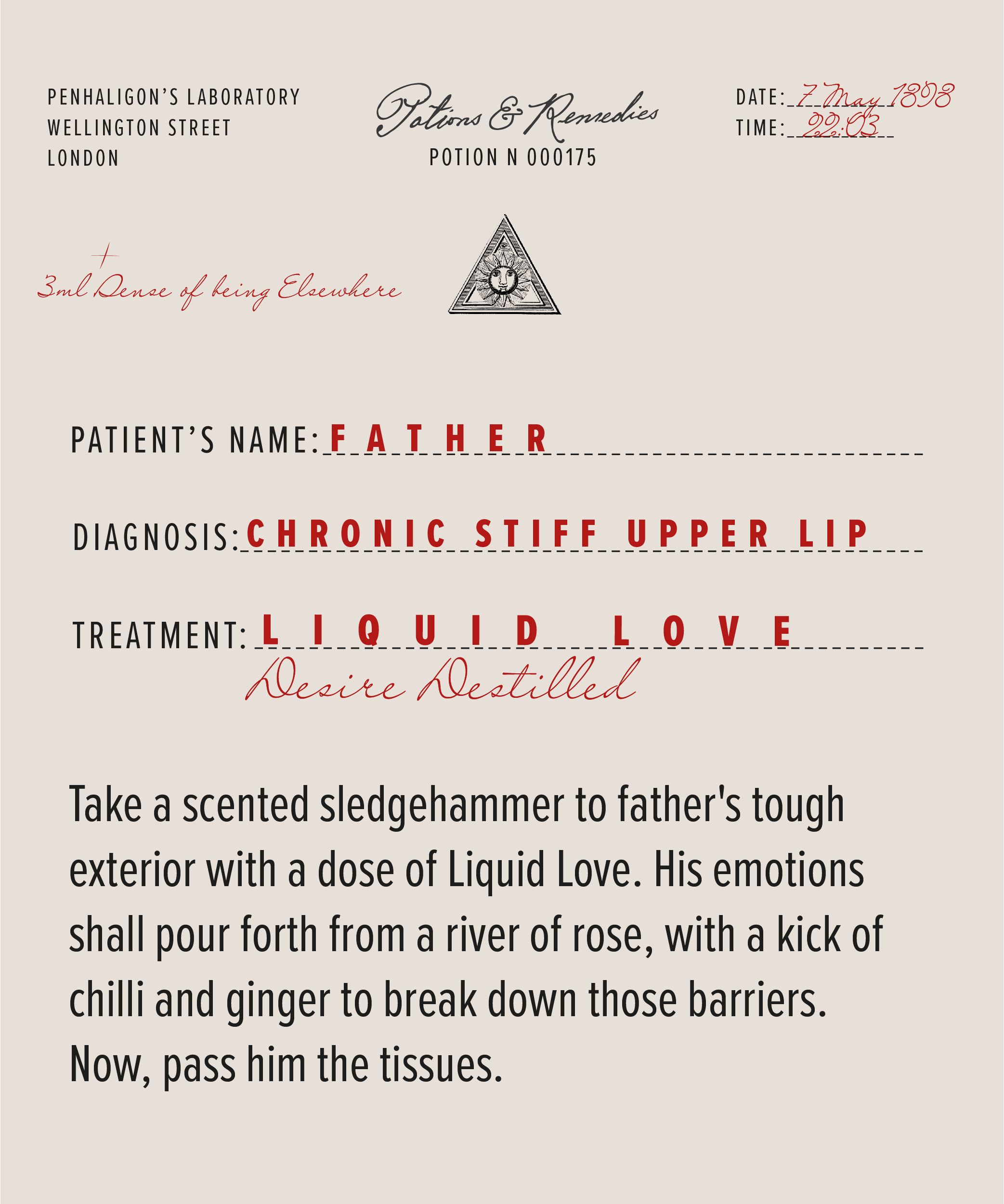 Take a scented sledgehammer to father's tough exterior with a dose of Liquid Love. His emotions shall pour forth from a river of rose, with a kick of chilli and ginger to break down those barriers. Now, pass him the tissues.